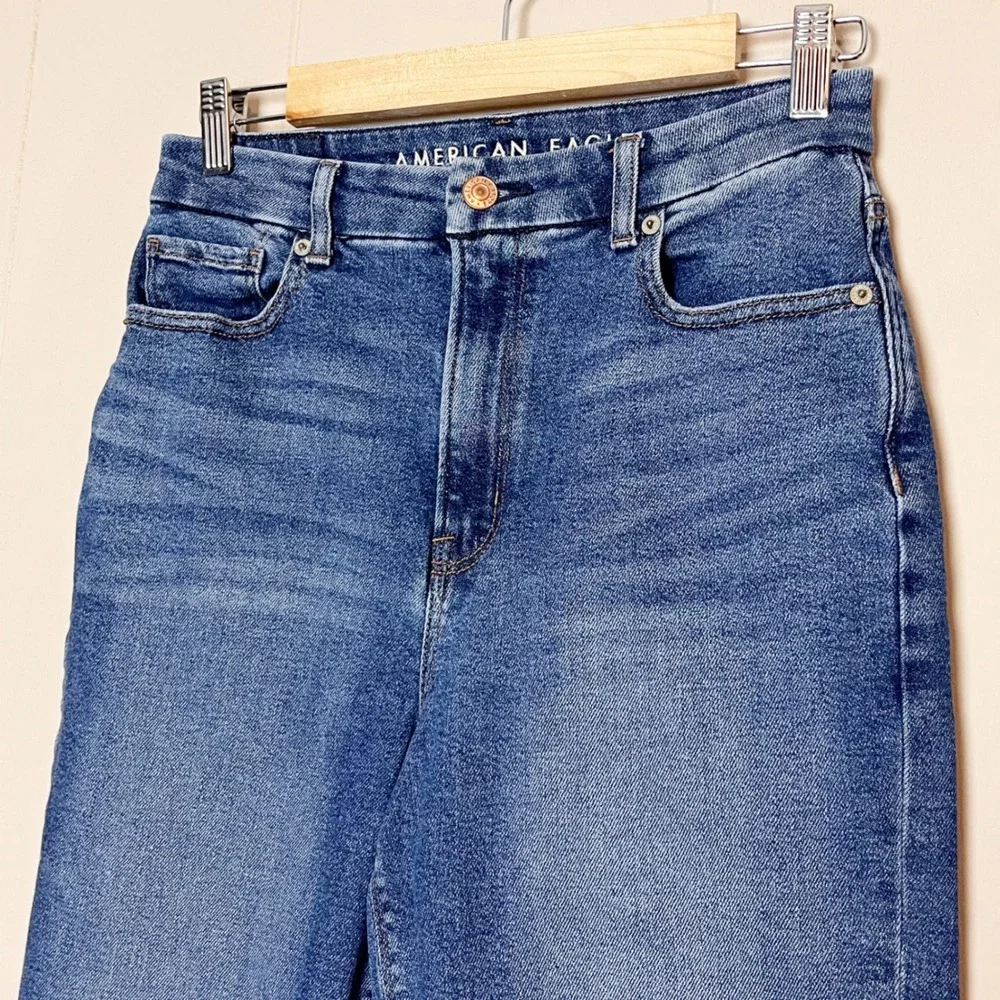American Eagle Curvy Mom Jeans 4 X-LONG High Waisted Ripped Blue‎ Denim Stretch